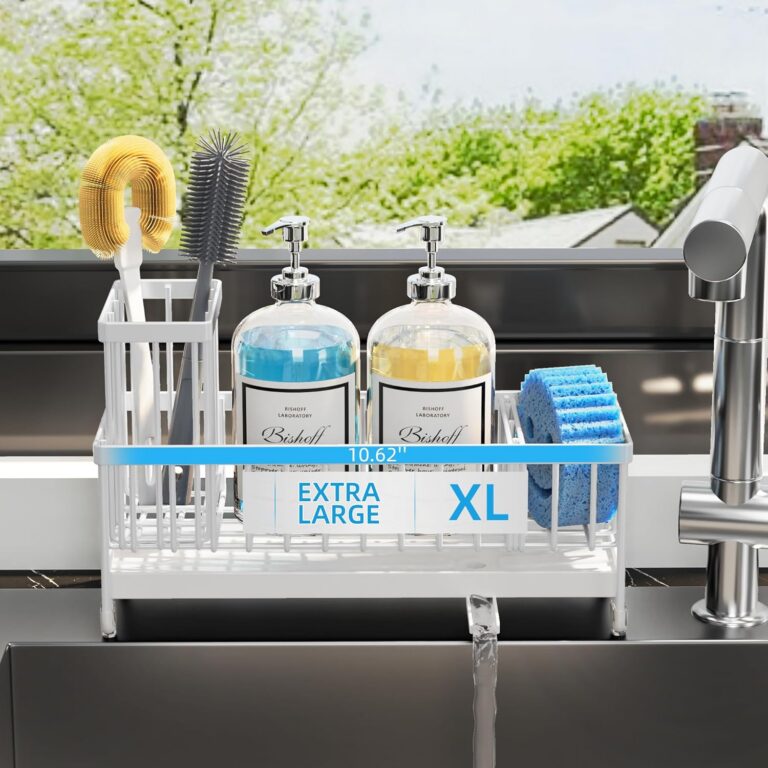 Moforoco Larger Sponge Holder for Kitchen Sink, Sink Caddy with High Brush Holder, Kitchen Sink Organizer Countertop Rustproof 304 Stainless Steel (White)