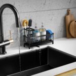 Moforoco Larger Sponge Holder for Kitchen Sink, Sink Caddy with High Brush Holder, Kitchen Sink Organizer Countertop Rustproof 304 Stainless Steel (Black)