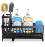 Moforoco Larger Sponge Holder for Kitchen Sink, Sink Caddy with High Brush Holder, Kitchen Sink Organizer Countertop Rustproof 304 Stainless Steel (Black)
