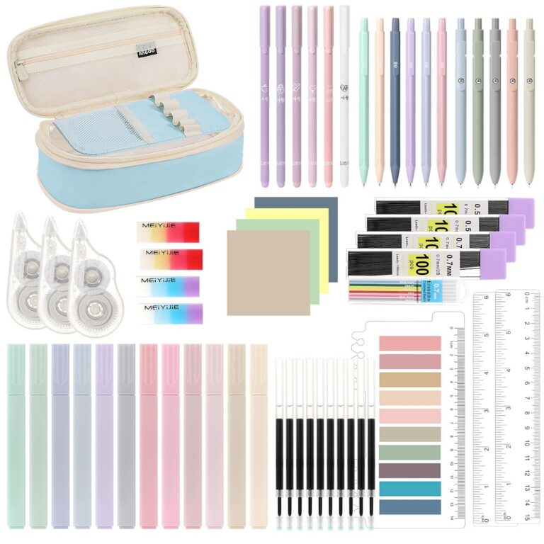 MoKo 60Pcs Aesthetic School Supplies with Cute Pencil Case, 12 Pastel Highlighters, 5 Black Ink Gel Pens, 6 Mechanical Pencil Set 0.5 & 0.7 mm for Students Stationary College...