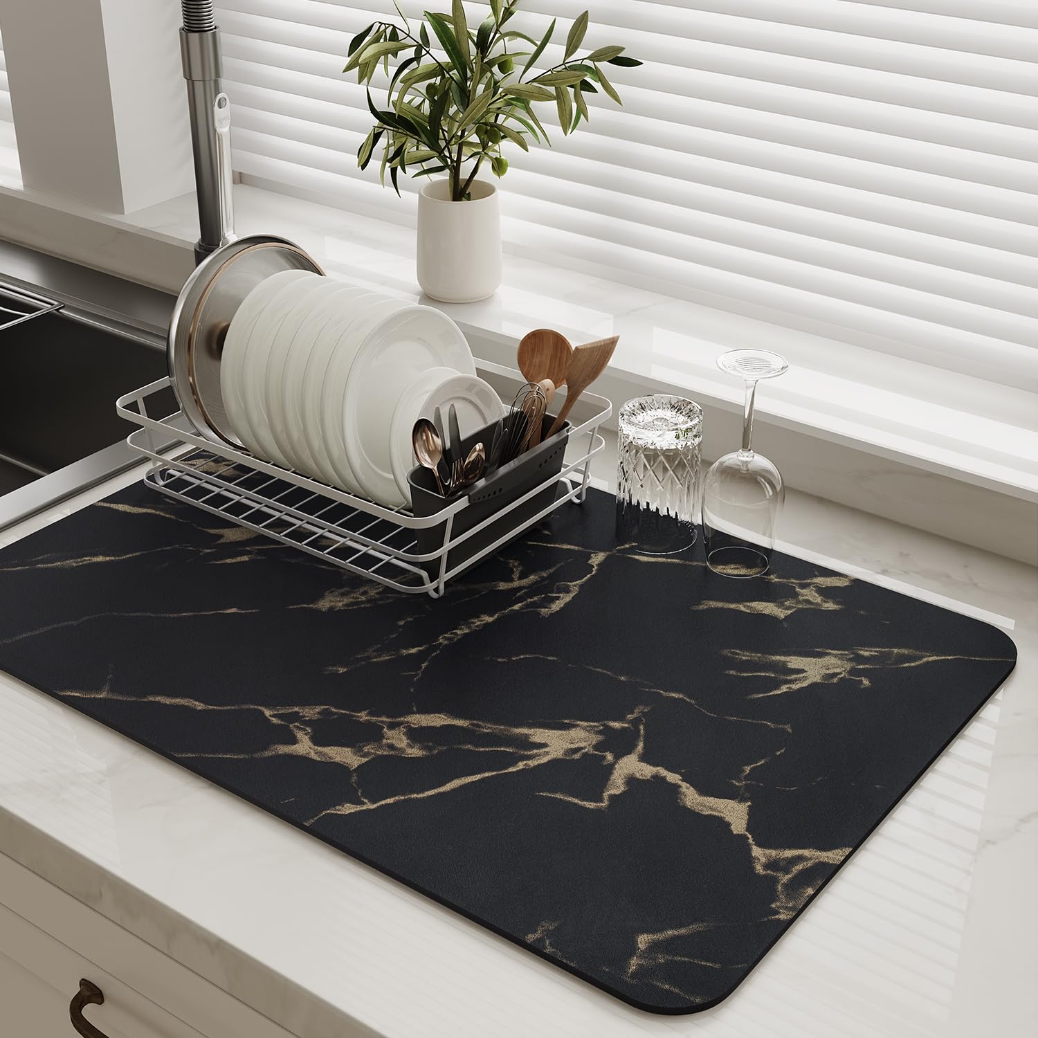 MontVoo Absorbent Dish Drying Mat, Kitchen Counter Rubber Backed Water Absorbing Hide Stain Under DishMat, Coffee Mat Quick Dry Black Gold 12''x19'' MontVoo Absorbent Dish Drying Mat, Kitchen Counter Rubber Backed Water Absorbing Hide Stain Under DishMat, Coffee Mat Quick Dry Black Gold 12''x19''
