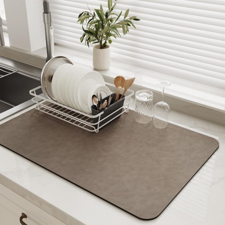 MontVoo-Absorbent Dish Drying Mat-Kitchen Counter Rubber Backed Water Absorbing Drying Mat-Hide Stain Under Dish Mat Quick Dry Coffee Mat-Brown 16''x24''