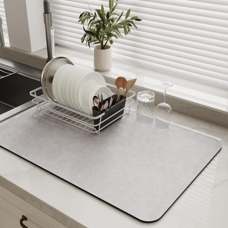 MontVoo-Absorbent Dish Drying Mat-Kitchen Counter Rubber Backed Water Absorbing Drying Mat-Hide Stain Under Dish Mat Quick Dry Coffee Mat-Grey 12''x19''