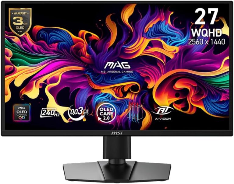MSI MAG 272QP QD-OLED X24 27-inch 2560 x 1440 (QHD) Gaming Monitor, 240Hz, Adaptive-Synch, HDR Ready, HDMI, VGA Port,VESA Mountable, Tilt, 4-Side Slim Bezel, 0.03ms, Black