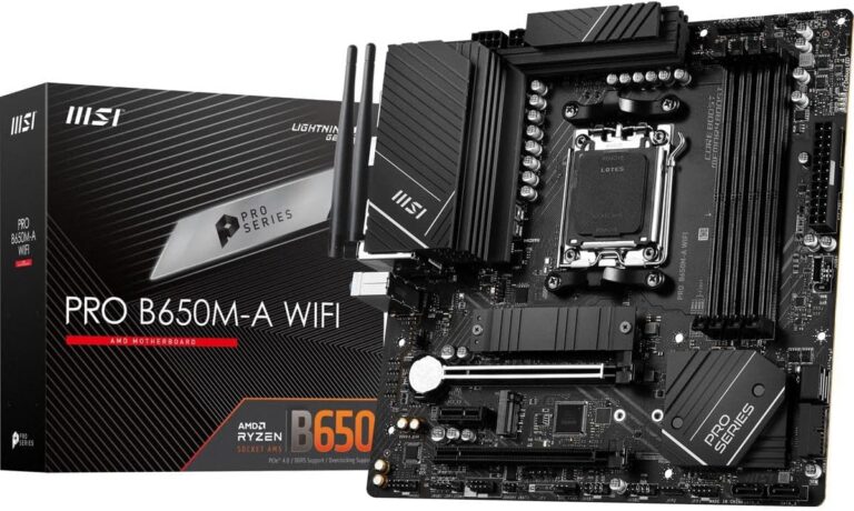 MSI PRO B650M-A WiFi ProSeries Motherboard (AMD AM5, mATX, DDR5, PCIe 4.0, M.2, SATA 6Gb/s, USB 3.2 Gen 2, HDMI/DP, Wi-Fi 6E, AMD Ryzen 7000 Series Desktop Processors)