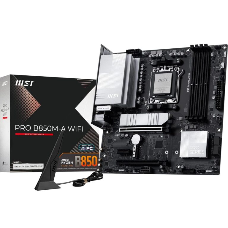 MSI PRO B850M-A WiFi Motherboard, mATX - Supports AMD Ryzen 9000/8000 / 7000 Processors, AM5 - DDR5 Memory Boost (8200+ MT/s OC), PCIe 5.0 x16 & 4.0 x4, M.2 Gen5, Wi-Fi 7, 5G LAN