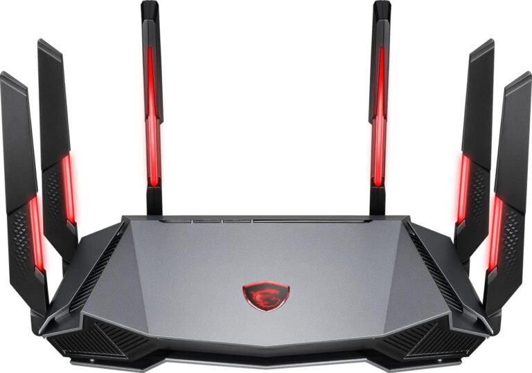 MSI Radix AXE6600 WiFi 6E Tri-Band Gaming RGB Router, AI QoS, 1.8GHz Quad-Core Processor, MU-MIMO, Tri Band Gigabit Wireless, 8-Stream, High Speed Long Range Gaming Router