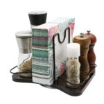 Napkin Holder for Table, rotating metal upright napkin holder with salt and pepper shakers, upright paper napkin storage container for kitchen table decoration, black walnut...