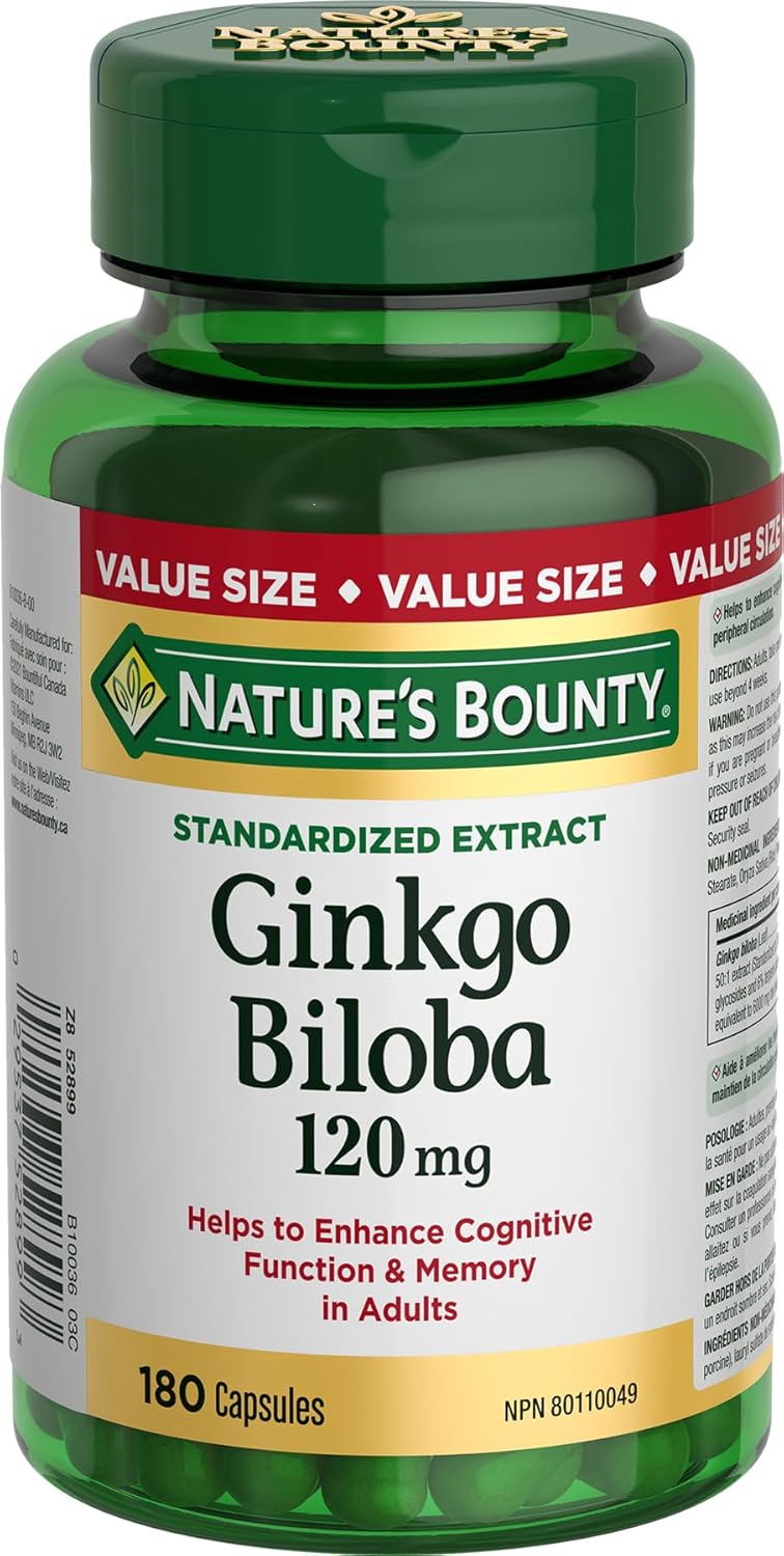 Nature's Bounty Gingko Biloba, 120 mg, Value Size, Helps to Enhance Cognitive Function, Helps to Support Peripheral Circulation, For Adults, 180 Capsules
