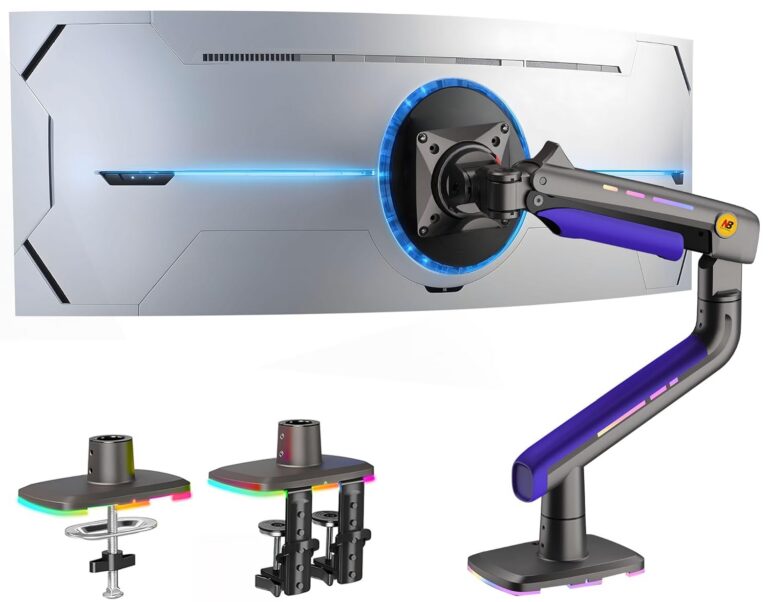 NB Gaming Monitor Arm or for 32 to 60 Inches Screen, Load up to 20 kg, VESA 75/100, RGB-Light, Heavy Duty, Multi Angle Adjustable, Premium Aluminum, Purple Blue