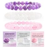 NCB 3-Piece 8mm Natural Crystal Gemstone Stretch Bracelets – ﻿Amethyst, Pink Quartz, White Jade Handmade Reiki Energy Healing Jewelry for Meditation,Yoga, Unisex