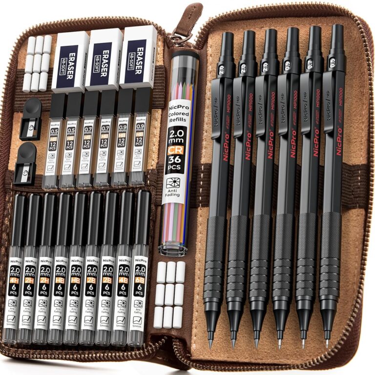 Nicpro 30PCS Black Metal Mechanical Pencils Set in Leather Case, Art Drafting Pencil 0.5, 0.7, 0.9 mm, 2mm Lead Pencil Holders for Sketching Drawing With 16 Tube (6B 4B 2B HB 2H...
