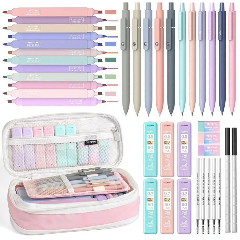 Nicpro 39 PCS Aesthetic School Supplies with Cute Pink Pencil Case, 12 Pastel Highlighters, 5 Quick Dry Black Ink Pens, 6 Mechanical Pencil 0.5 & 0.7 mm for Girls Student...