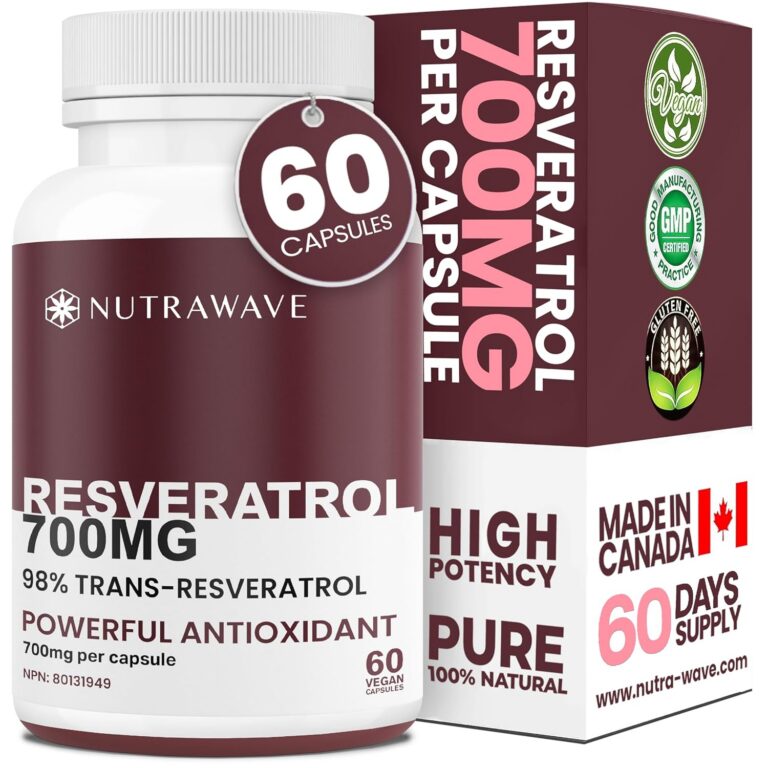 Nutrawave 700mg RESVERATROL Supplement Capsules (STRONGEST IN CANADA), 98% Pure Trans Resveratrol, Powerful Antioxidant and Anti-Inflammatory Properties. Gut Health, Improved...