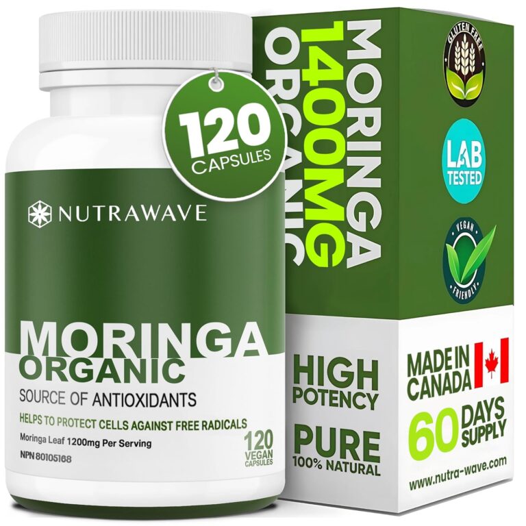 Nutrawave Organic Moringa Leaf Capsules 1200mg (2 x 600mg) for Liver Detox Cleanse, Gut Health, Hormone Balance, Gluten Free, Non-GMO, Vegan-Friendly Antioxidant Supplement, 120...