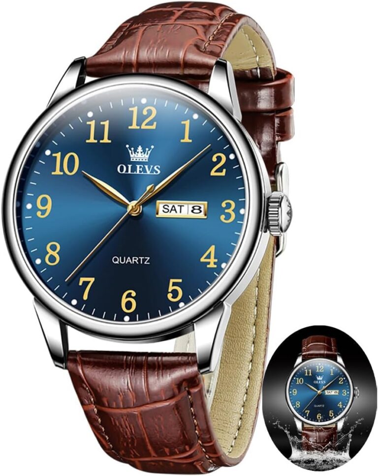 OLEVS Men Leather Watches for Men Arabic Numerals Men Easy Read Watches, Simple Style Calendar Large Face Watches (White/Black/Blue Dial)