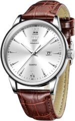 OLEVS Mens Watches Minimalist Brown/Black Leather Band Dress Waterproof Analog Quartz with Date(White/Black/Blue Dial) Classic Casual Easy to Read Men's Wrist Watches