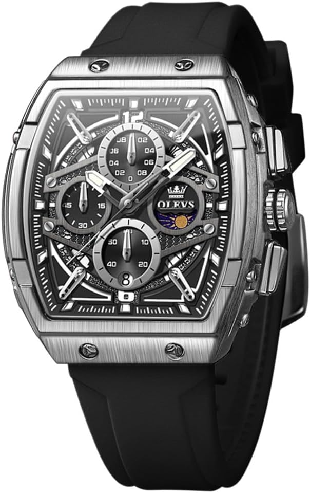 OLEVS Watch Men Casual Luxury Square Large Face Skeleton Multifunctional Chronograph Men's Watches Fashion Silicone Waterproof Mens Watches with Date Moon Phase Analog Wrist...