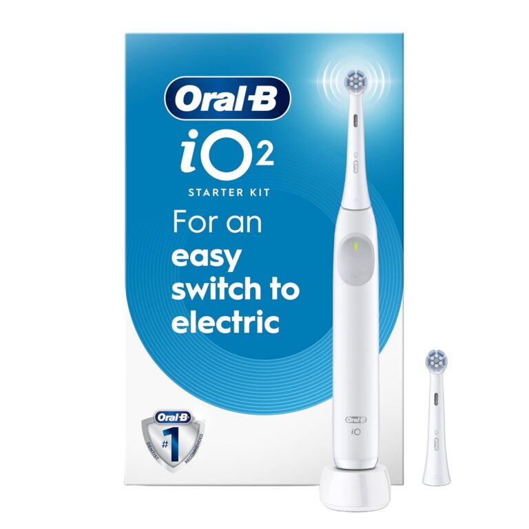 Oral-B iO Series 2 Rechargeable EleCountric Powered Toothbrush Starter Kit, Pure White with 2 Brush Heads - Automatic Pressure Sensor to ProteCount Gums - 3 Modes - 2 Min Timer