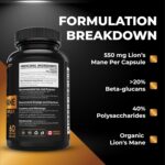 Organic Lion's Mane Mushroom Capsules - Nootropic Mushroom Supplements Formulated With 40% Polysaccharides & >20% Beta-Glucan! Immunomodulating Properties & A Potent Source Of...