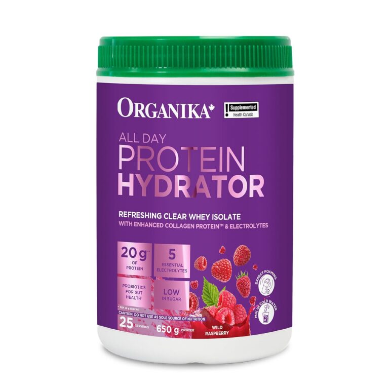 Organika Canadian-Made Protein Hydrator- Raspberry Flavour- Clear Whey Protein Isolate with Collagen, Electrolytes, and Probiotics. Easy to Digest, 20g Protein Per Serving- 650g