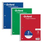 Oxford 1-Subject Notebooks, School Journal, 8 x 10-1/2 Inch, Wide Rule Paper, 70 Sheets, 3-Hole Punch, 3 Pack, Red, Blue, Green, Color Assortment May Vary (65029)