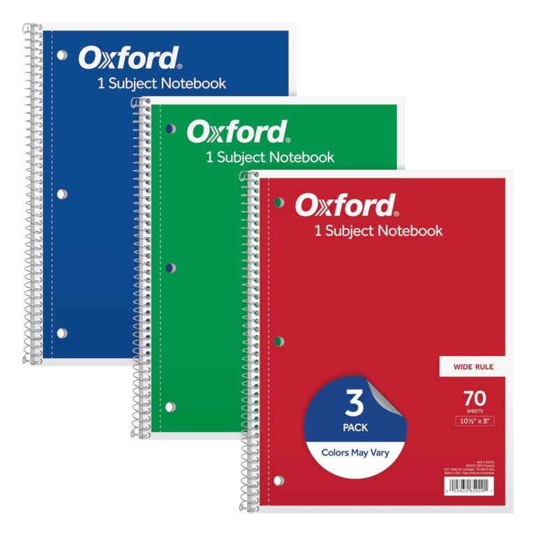 Oxford 1-Subject Notebooks, School Journal, 8 x 10-1/2 Inch, Wide Rule Paper, 70 Sheets, 3-Hole Punch, 3 Pack, Red, Blue, Green, Color Assortment May Vary (65029)