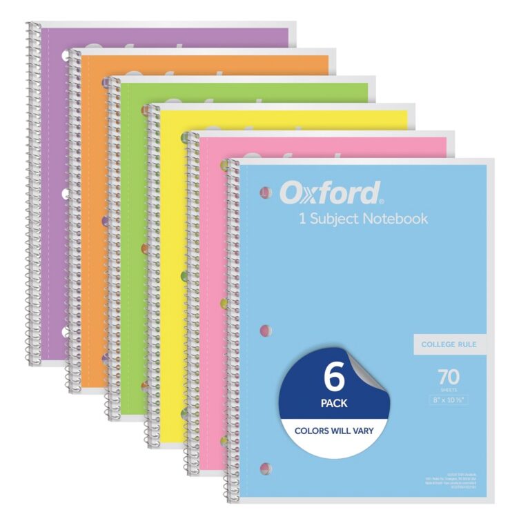 Oxford Notebooks, Spiral Notebook 1 Subject, College Ruled Paper, 8" x 10-1/2", Pastel Pink, Orange, Yellow, Green, Blue, Purple, 70 Sheets, 6 Pack, for School, Office