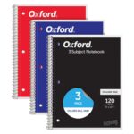 Oxford Spiral Notebooks, 3 Pack, 3 Subject, College Ruled Notebooks for School, 8 x 10.5 Inches, 120 Sheets, 2 Dividers, Assorted Colors, Back to School Supplies (65202)