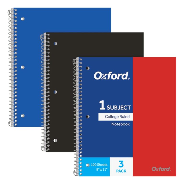 Oxford Spiral Notebooks, 3 Pack of 1 Subject Coil Notebooks, College Ruled Paper, Durable Plastic Covers, 100 Sheets, Divider Pocket, 3-Hole Punched, Red, Black, Blue –...