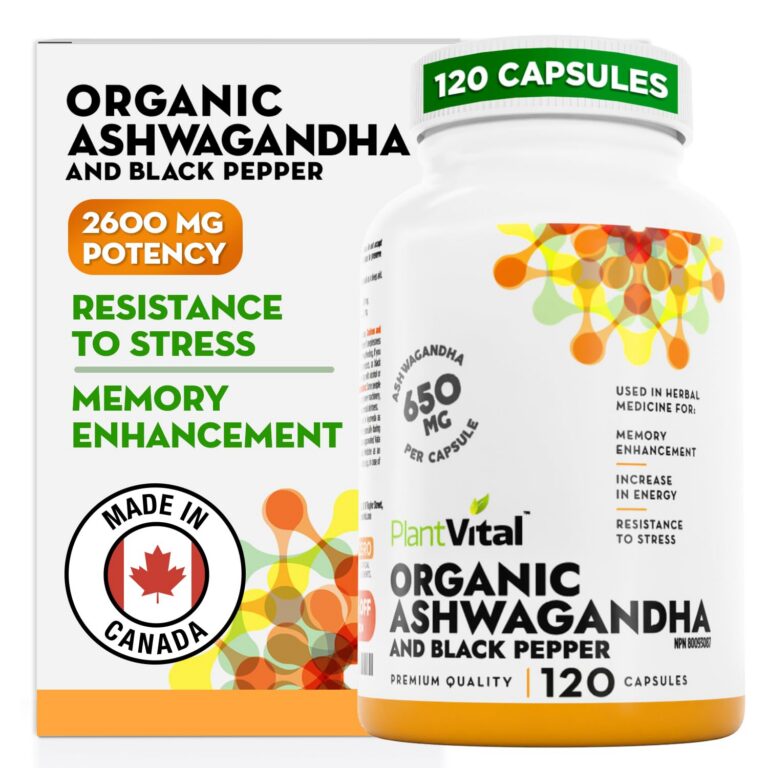PlantVital Organic Ashwagandha Supplement with Black Pepper - Made in Canada - 2,600mg per day - Ashwagandha Capsules for Stress Relief, Energy Increase, Sleep Aid & Memory...