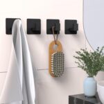PMMASTO Black 4 Pack Self Adhesive Wall Hooks for Hanging, Stick On Wall Hanger Hook for Shower, Robe, Hat - Aluminium