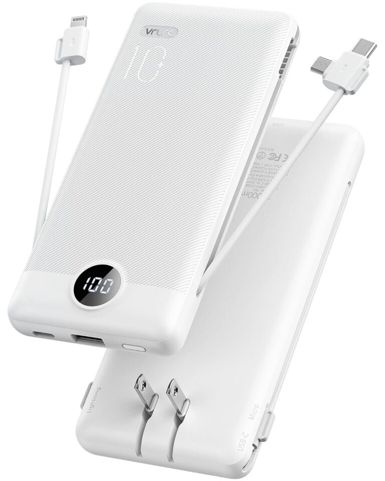 Portable Charger for iPhone, 10000mAh Power Bank with Built-in Cables & AC Wall Plug, USB C Phone Charger 5 Output External Battery Pack Compatible with iPhone Samsung Google...