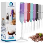 Powerful Milk Frother Handheld Foam Maker, Mini Whisk Drink Mixer for Coffee, Cappuccino, Latte, Matcha, Hot Chocolate, With Stand, Black
