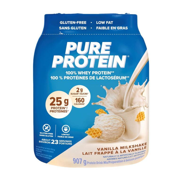 Pure Protein Whey Powder - High Protein (25 g/scoop), Low Sugar (2 g/scoop), Gluten Free - Fast-Acting Formula, Vanilla, 907g