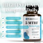 PUREFULLY 5-MTHF 1000mcg, 90 Capsules - L Methylfolate (Active Form of Vitamin B9 Folate) Supplement - Supports Cardiovascular Health and Early Fetal Development
