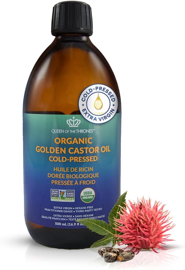 Queen of the Thrones Organic Golden Castor Oil - Pure Cold-Pressed Castor Oil for Self-Care - Multipurpose Clean Beauty Product for Hair, Nails & Skin - Silicone Precision Pump...