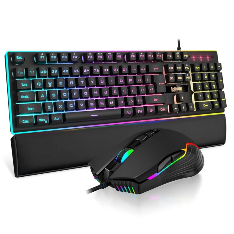 RedThunder K10 Wired Gaming Keyboard and Mouse and Wrist Rest Combo, RGB Backlit, Mechanical Feel Anti-ghosting Keyboard + 7D 7200 DPI Mice+Soft Leather Wrist Rest 3 in 1 PC...