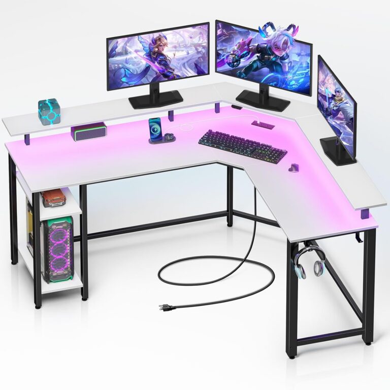 Rolanstar Computer Desk 46.2" with Power Outlets USB Ports & LED Strip, Reversible L Shaped Desk with Monitor Stand & Storage Shelf,L Shaped Gaming Computer Desk with Hooks,White