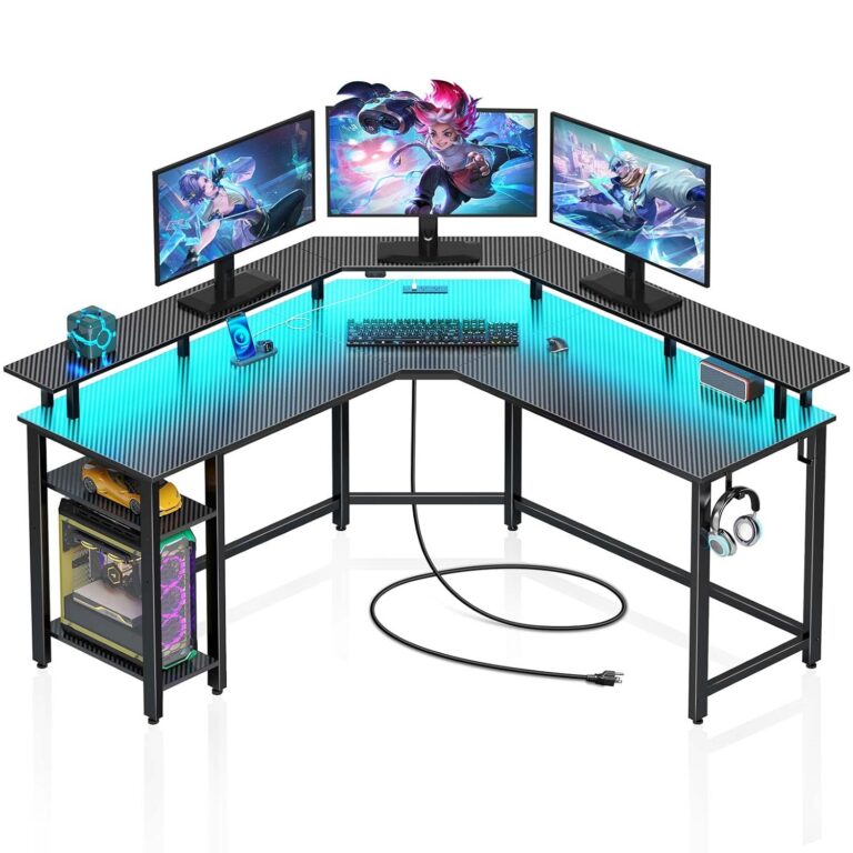 Rolanstar Computer Desk 53" with Power Outlets USB Ports & LED Strip, Reversible L Shaped Desk with Monitor Stand & Storage Shelf, Carbon Fiber Surface, L Shaped Gaming Computer...