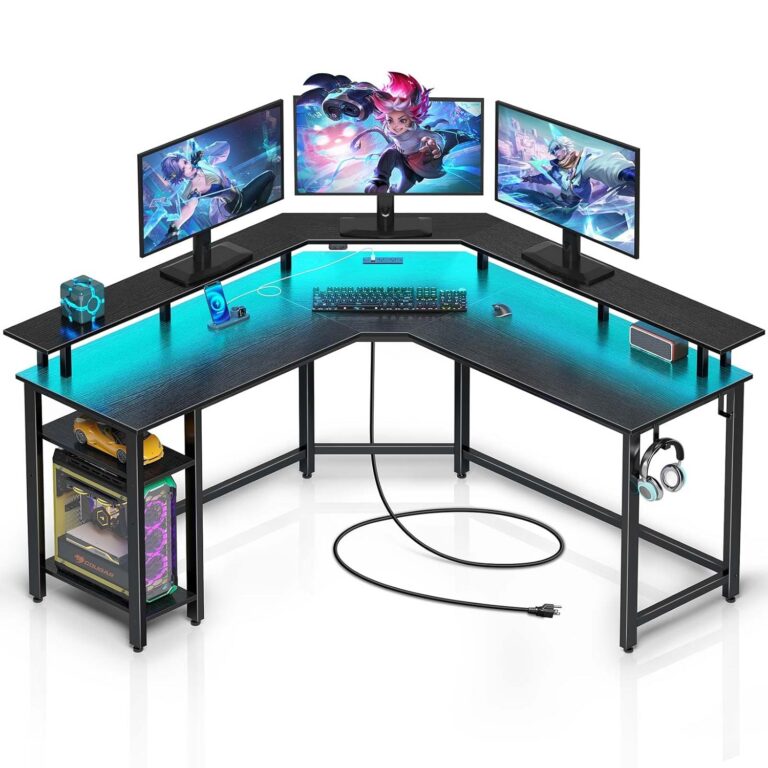 Rolanstar Computer Desk 53" with Power Outlets USB Ports & LED Strip, Reversible L Shaped Desk with Monitor Stand & Storage Shelf,L Shaped Gaming Computer Desk with Hooks,Black