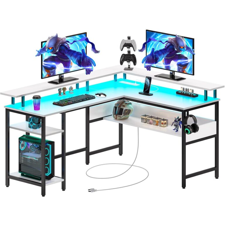 Rolanstar Computer Desk L Shaped 56.7" with LED Lights & Power Outlets, Reversible L Shaped Gaming Desk with Monitor Stand, Office Desk with Storage, Writing Desk with USB Port...