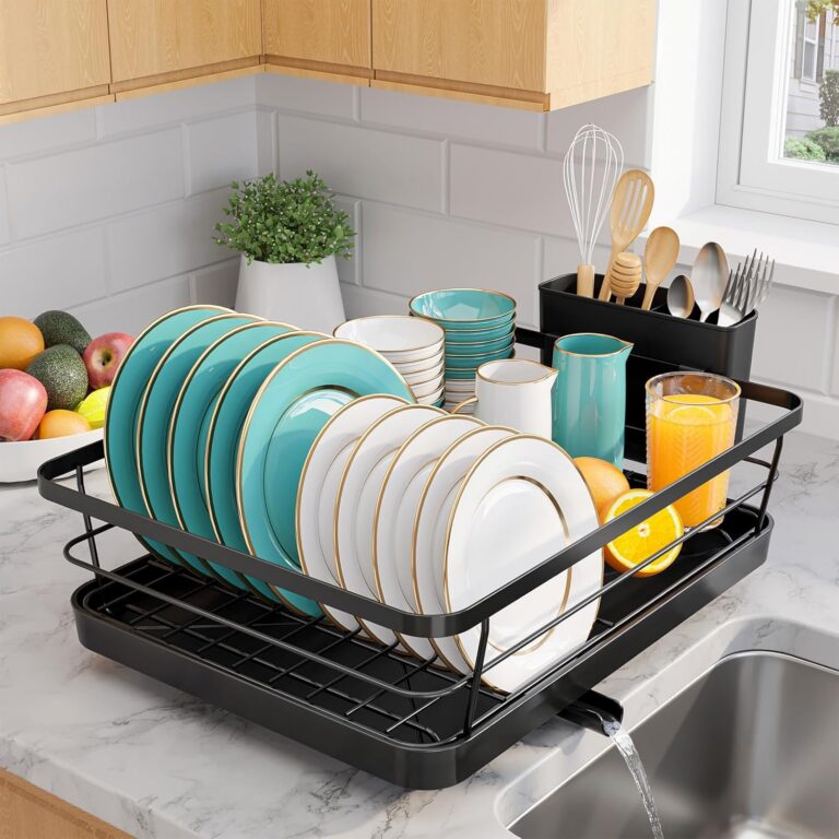 Sakugi Dish Drying Rack - Compact Dish Racks with Drain Board for Kitchen Counter, Durable Stainless Steel Dish Rack Used in Sink & on Countertop, Dark Black, Large