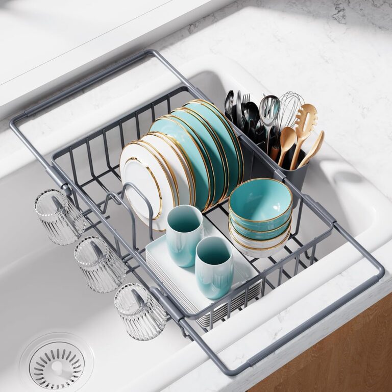 Sakugi Dish Drying Rack in Sink - Expandable Stainless Steel Dish Rack Over The Sink, Kitchen Sink Drain Strainer with Cutlery Holder & Cup Holders, 15.4 x 9.8 x 3.0 Inch, Grey