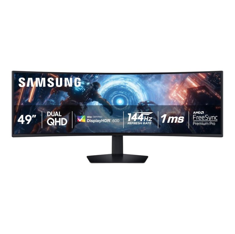 SAMSUNG 49 inch Odyssey Curved Black Dual QHD Gaming Monitor, 144 Hz, VESA DisplayHDR 600, AMD freesync Premium pro - (LS49FG910ENXZA) [Canada Version]