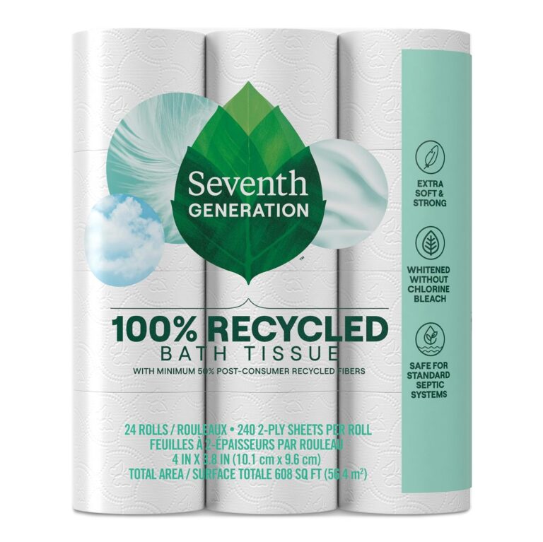Seventh Generation White Toilet Paper 2-Ply 100% Recycled Paper, 24 Count of 240 Sheets Per Roll, Pack of 2 (Packaging May Vary)