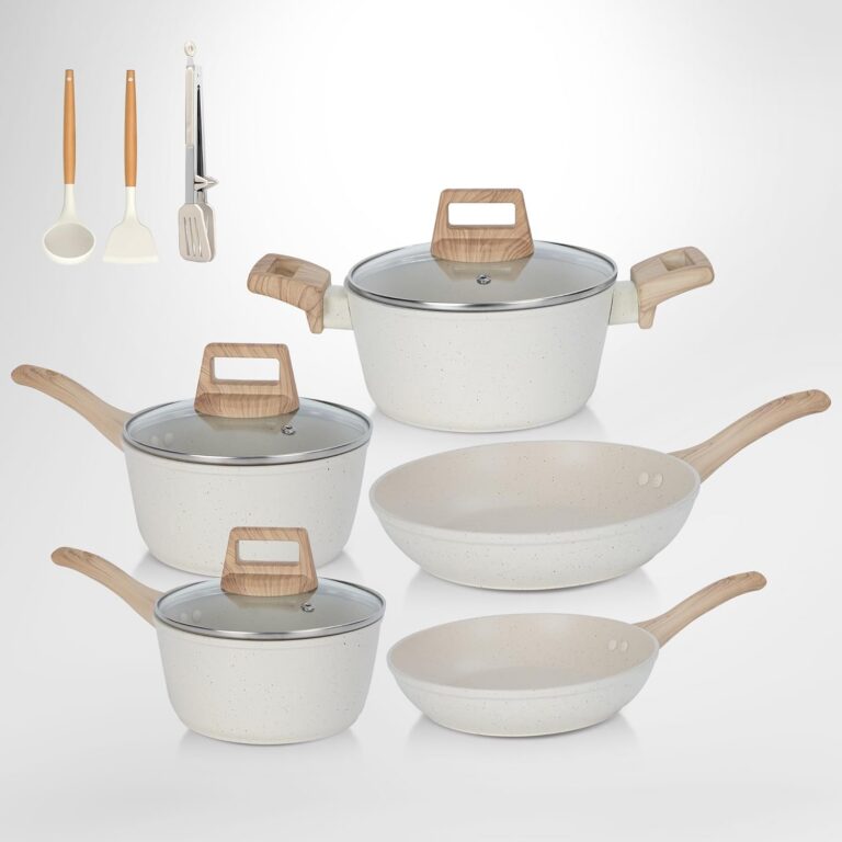 SHEUMNT 11Pcs Pots and Pans Set, Nonstick Cookware Sets, White Granite Induction Cookware Non Stick Cooking Set w/Frying Pans & Saucepans