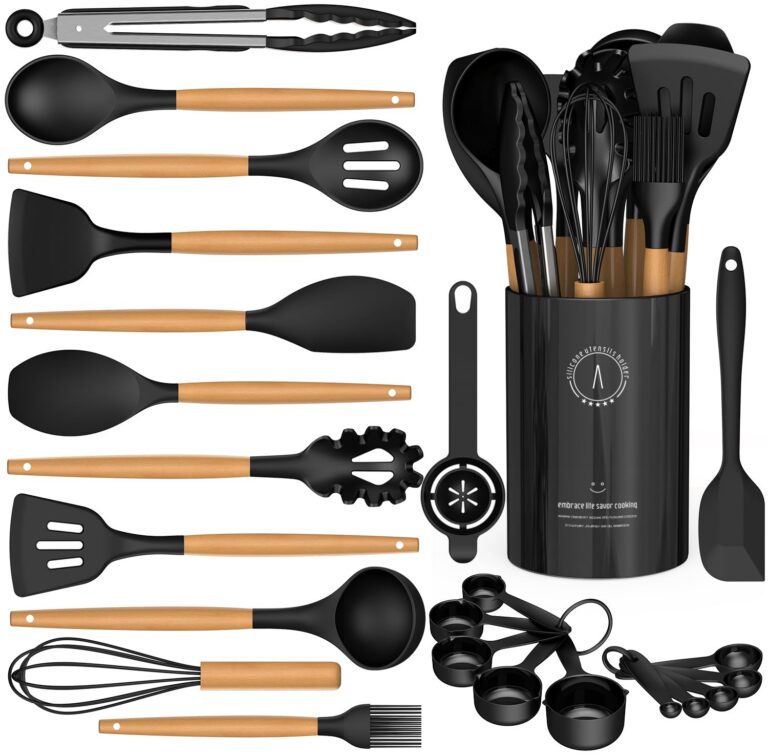 Silicone Cooking Utensils Set - Silicone Kitchen Utensils for Cooking Wooden Handles, 446°F Heat Resistant Kitchen Utensil Spatula Sets w Holder, Gadgets for Non-Stick Cookware...