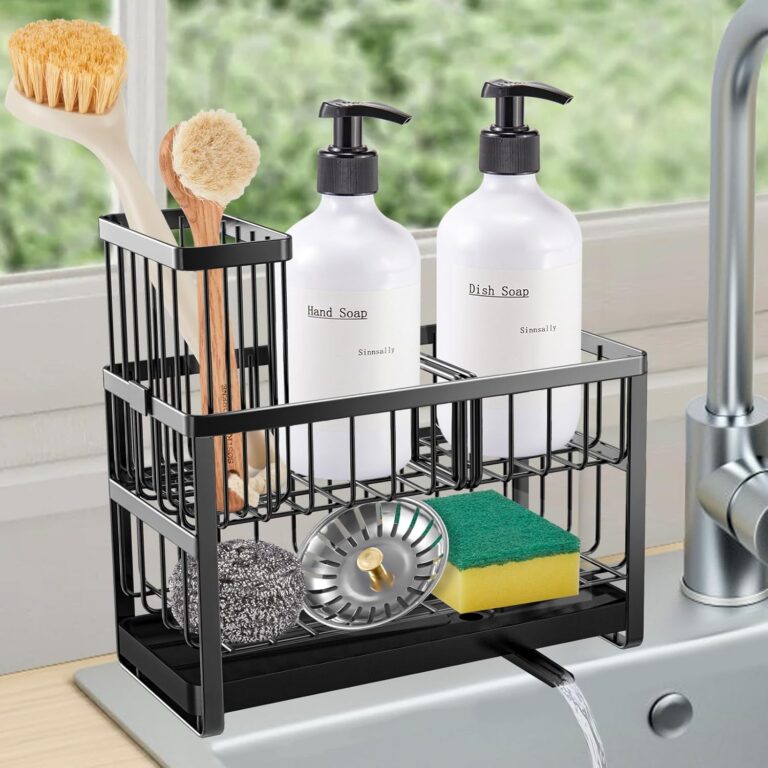 Sinnsally Kitchen Sponge Holder,2 Tier Sink Caddy Organizer with High Brush Holder,Stainless Steel Sink Box Dish Scrubber Holder,Soap Tray for Kitchen Counter Accessories &...