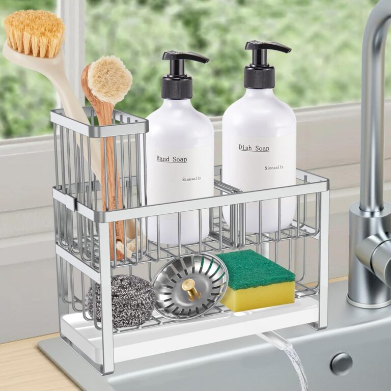 Sinnsally Kitchen Sponge Holder,2 Tier Sink Caddy Organizer with High Brush Holder,Stainless Steel Sink Box Dish Scrubber Holder,Soap Tray for Kitchen Counter Accessories &...